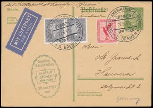 28.6.1931 N° 52b (Mi. Zeppelin Specialised), catapult post 5pf postcard addressed to Hannover and carried aboard the 
