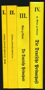 Die Deutsche Privatpost; Hans Meier zu Eissen; Verlag Richard Borek GmbH (Vol. I), Verlag Meier zu Eissen (vols. II - IV), Germany; 1979 - 1997; gedrukt; geniet; Duits; 304 + 480 + 494 + 537 pag.; zachte kaft; zeer mooi; het complete en absolute naslagwerk over Duitse particuliere stadspostkoerierszegels en postgeschiedenis, gepubliceerd in vier grote delen in de loop van bijna 20 jaar, ongeëvenaard niveau van detail en onderzoek, grote grafische kwaliteit, zeer moeilijk samen te stellen, zeldzaam en zeer gewild