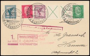 1.6.1932 N° 82c (Mi. Zeppelin Specialised), catapult postcard carried aboard the 