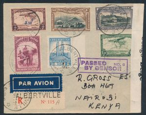 1941, lettre recommandée censurée par avion depuis Albertville, affranchie avec les n° 176, 216, PA1, 2, 9 et 17, envoyée le 18/08/1941 vers Nairobi (Kenya), très rare, seuls quelques exemplaires connus, avec certificat, tb