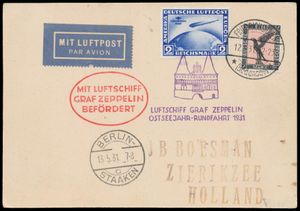 12.5.1931 N° 173b (Mi. Zeppelin Specialised), LZ 127 Ostseejahr-Rundfahrt briefkaart verstuurd naar Zierikzee, Nederland en gefrankeerd met een 2 RM Zuid-Amerika Zeppelin Flight postzegel (Michel 438, cat. waarde €500 voor de postzegel op de brief) en een 1M luchtpostzegel, beide voorzien van Friedrichshafen c.d.s., Berlijn landingsstempel ernaast, evenals zeppelinvluchtstempel in violet en ovale hulpstempel 