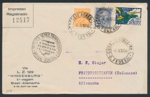 4.4.1936 N° 10A (Mi. Zeppelin Specialised), LZ 129 Braziliaanse brief verzonden naar Friedrichshafen met kleurrijke Braziliaanse frankering, speciale zeppelinvluchtstempel op de voorkant en Duitse aankomststempel op de achterkant, zm