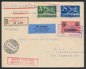 31.5.1925 Internationale luchtvaartbijeenkomst in Genève aangetekende brief verzonden naar Parijs met een frankering van 90rp, afgestempeld met het speciale vluchtstempel in violet, reguliere vertrekstempel op de voorkant en aankomststempel op de achterkant, zm