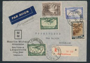 1939 Einschreiben frankiert mit N° 168, 200, PA 9 (2x) und PA 11, versandt von Leopoldville am 17.3.39 nach Brüssel, einwandfrei