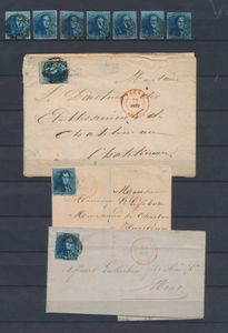 N° 2/2A, 10 exemplaren, waaronder 3 brieven, allemaal volrandig, mooie stempels wo. 14 baren-landelijke, zm/m (OBP €810)