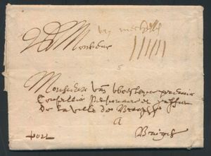 1668 Voorloper met inhoud, dd. 13 maart 1668, naar Brugge, port aanduiding 