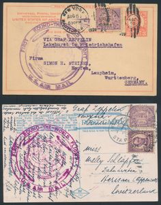 6.8.1929 Nr. 28Aa (Mi. Zeppelin Specialised), LZ 127 Amerikafahrt zwei Ansichtskarten, beide von New York aus in die Schweiz bzw. nach Deutschland versandt, beide mit 53c Frankiert und beide mit dem Zeppelinflugstempel „First Round-the-World Flight U.S. Air Mail” in Violett, Friedrichshafen-Ankunftsstempel auf der Rückseite, einwandfrei