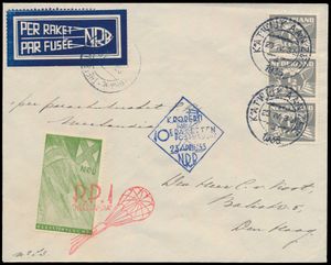 1935 Lettre par fusée parachutée Katwijk, divers cachets, très rare, tb