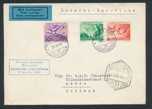 29.3.1940 N° 93 (Mi. Zeppelin Specialised), Locarno-Barcelona Swissair First Flight brief verzonden van Triesenberg naar Assen, Nederland, gefrankeerd met luchtpostzegels voor een totaalbedrag van 80rp, zeshoekige Barcelona landingsstempel op de voorkant, zm