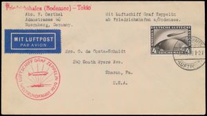 15.8.1929 N° 29a (Mi. Zeppelin Specialised), LZ 127 Round the World Flight brief naar de VS met een postzegel van 4 RM (Michel 424) gefrankeerd met een poststempel van Friedrichshafen, karmijnrode zeppelinvluchtstempel ernaast, evenals een enkele regel handstempel 