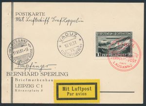 10.6.1931 N° 2a (Mi. Zeppelin Specialised), LZ 127 Vaduz - Lausanne Flight (drop-off) briefkaart verstuurd naar Leipzig en gefrankeerd met de 1fr zeppelinzegel (Michel 114) vastgebonden met zeppelin cachet in rood, Vaduz c.d.s. naast elkaar, evenals Lausanne landingspoststempel, cat. waarde voor de vlucht is €160, zm