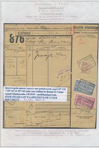 1939, Spoorwegdocument express met gehalveerde zegel SP 158 + SP 141 & SP naar een soldaat in Braine-le-Comte, vanuit Munkzwalm 1/9/1939, mobilisatieperiode, zeer zeldzaam waarschijnlijk uniek document, ex. verzameling Baert A., zm