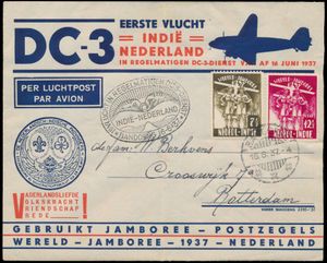 1937 DC-3, eerste vlucht Indië-Nederland met afbeelding, zegels Jamboree en speciale stempel, zm