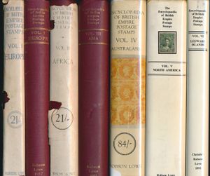 The Encyclopaedia of British Empire Postage Stamps (vols. 1-6, all first editions); Robson Lowe; Robson Lowe Ltd., London; 1947 - 1991; gedrukt; ingebonden; Engels; harde kaft; zeer mooi; delen 1 - 6 van een van de beroemdste reeksen naslagwerken die ooit in de filatelie zijn gemaakt, Robson Lowe's Encyclopaedia, inclusief de eerste editie van deel 1 (Europa) uit 1947, evenals een dubbelganger van hetzelfde in de vorm van een latere editie uit 1952, de eerste editie van deel 2 (Afrika) uit 1949, de eerste editie van deel 3 (Azië) uit 1951, 1962 eerste editie van deel 4 (Australasia) - deze met het 1976 supplement erbij - 1973 eerste editie van deel 5 (Noord-Amerika) en 1991 eerste editie van deel 6 (Benedenwindse Eilanden), stofomslagen in wisselende staat of ontbreken geheel maar de boeken zelf in zeer goede staat, een schaarse verzameling van eerste edities en een zeer belangrijke groep.