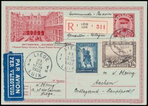Belgien, PA 2 + Nr. 352 (Infanterie) auf illustrierter Postkarte, eingeschrieben von Lüttich 23.VIII.1932 nach Aachen, mit Fotoattest, einwandfrei