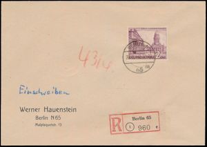 1949 aangetekende brief verzonden binnen Berlijn en gefrankeerd met een 2M paars (Michel 58, cat. waarde €300 op brief), aankomststempel op de achterkant, zm