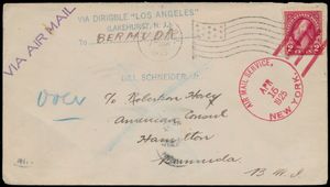 15.4.1925 Nr. 5b (Mi. Zeppelin Specialised), ZR 3 „Los Angeles” (ein Luftschiff, das von Zeppelin Works in Deutschland unter der Nummer LZ 126 hergestellt und von den Vereinigten Staaten übernommen wurde, woraufhin es umbenannt und von der US-Marine betrieben wurde) Brief versandt von Metuchen, NJ nach Hamilton, Bermuda, Frankiert mit einer 2c-Briefmarke, abgestempelt mit einem roten Luftpoststempel aus New York bei Abflug, Ankunftsstempel auf der Rückseite, ungewöhnlich, einwandfrei