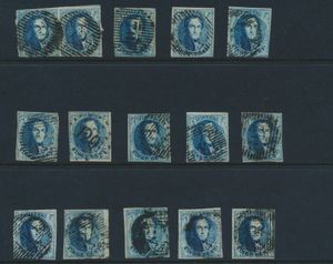 N° 7, planche II, 15 timbres placés du panneau gauche, tb/b