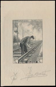 STES 279, proef van de goedgekeurde matrijs van zegel TR 260, grijs, op geelachtig papier met droogstempel en paraaf J. De Bast, index-2, zm