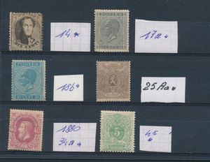 1863/1884 Kleine samenstelling 6 zegels, in gemengde kwaliteit, n° 14, 17a, 17b, 25Aa, 34, 35, alle hergomd, dus gerekend (*), ntz (OBP +/-€1.000)