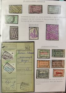 Verzameling in ringklasseur, gerangschikt volgens spoorweglijn, tussen lijn 86 en 135, stempels alle periodes (ook poststempels) aangevuld met vrachtbrieven, meestal mobilisatie 1939, zm/m
