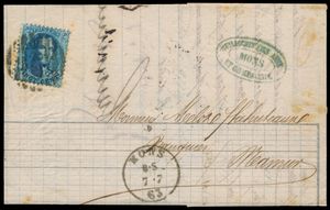 1863 Bank de Guillochin, met brief zonder opdruk, met N° 15, vanuit P.85-Mons (8-balken), dd. 7 juli 1863, naar Namen, plaat I, positie 209. Brief voor het gebruik van de opdruk 