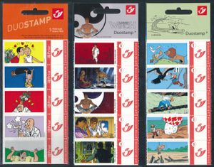Duostamps, in pakketjes van 5 w.o. Kuifje, Disney, Largo Winch, Smurfen, Lucky Luke, Suske en Wiske, Harry Potter, 16x met cijfer 1 en 8 zonder waardecijfer, zm (Frankeerwaarde: €195,60)