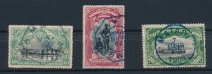 N° 23 “40c. green-blue” with telegraphic cancel “BOMA 2 JAN 1900”, N° 28 “5fr. carmine” with telegraphic postmark “YUMBI 20 JUNE 1908” (rare) and N° 29 “10fr. green” with central postmark “MATADI 7 MARCH 1903”, very fine