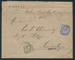 1889 N° 47 en 48, op waardebrief, verstuurd vanuit Liège, dd. 19 november 1889, naar Houffalize, manuscript 