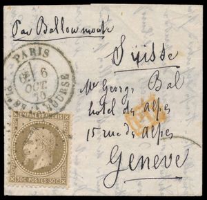 1870 Par Ballon Monté (handgeschreven), Yv. 30, brief met inhoud, vanuit Parijs, afstempeling 