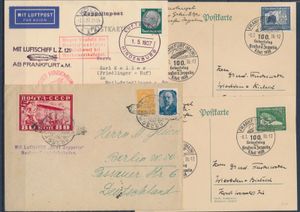 3 kaarten Duitsland, 1937/1938 met stempel 100, Geburtstag des Grafen Zeppelin en brief Rusland 1930, zm