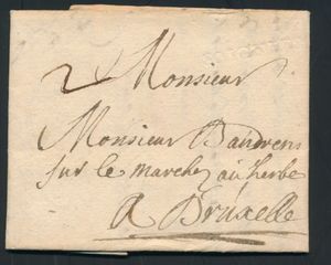 1744 Voorloper met inhoud, vanuit Soignies (Herlant 4 - droogstempel), dd. 5 mei 1744, naar Bruxelles, port 2 sols, zm