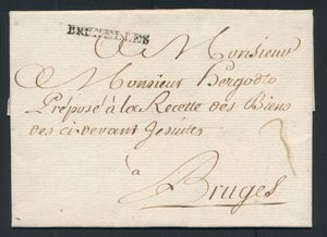 1775 Voorloper met inhoud, vanuit Bruxelles (Herlant 17 - 29 x 3), dd. 23 februari 1775, naar Brugge, port 3 sols, zm