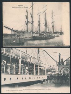 Haven, mooie samenstelling, havenzichten, schepen, brand van de houtstapels, entrepôt, etc., alle klein formaat (396 stuks)