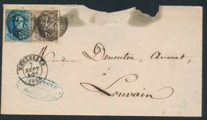 1859 N° 10A en N° 11A, beiden op enveloppe, vanuit P.24-Brussel, dd. 7 september 1859, naar Leuven, eerste gewichtsklasse binnen de 30 km is 