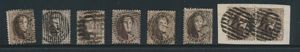 N° 14/14B, 6 ex. zegels en 1 horizontaal paar, alle met perceptiestempels, zoals P.127 enz, meerdere griffen aanwezig, zm