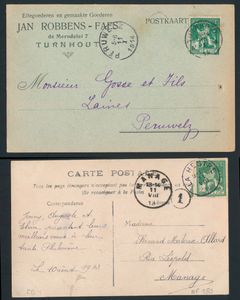1912/1914 Samenstelling van 109 postkaarten/ZK, gefrankeerd met n° 108, 109 of 110, waarbij betere diverse stempels, zm/m
