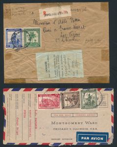 1940/1950 A superb lot of 82 airmail letters, featuring “national parks,” “native scenes,” and primarily “Palm Trees” issue stamps, including registered letters and parcel packaging; to be examined precisely; very fine/fine