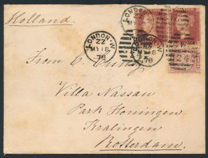 1878 Yv. 26, in paar en Yv. 49 (1/2 penny), briefomslag vanuit Liverpool (466), 18 mei 1878, naar Kralingen (Rotterdam - Nederland), zonder PD stempel, zm