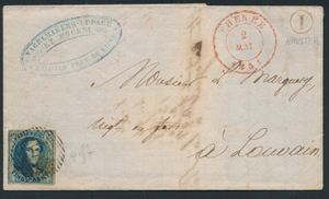 1851 N° 7, volrandig (verlenging rechterkaderlijn naar boven), op brief met inhoud, afstempeling P.156-Chênée, dd. 2 mei 1851, naar Louvain, postbus letter I (Vaux/Chèvremont) in cirkel rood, briefaanhef is Hauster, voor de specialist, zm