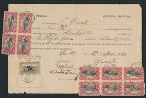 1920 N° 65 (10x) ‘10c. carmine’ and N° 70 ‘1fr. olive’ on a postal authorization from the Stanleyville post office, cancelled on 30 March 1920; the ‘10c.’ stamps are divided into one block of 4 and one block of 6; a very rare postage, very fine