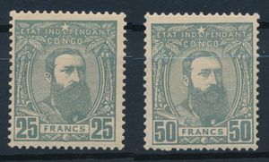 N° 13A and 13B Unissued stamps at ‘25fr. and 50fr. grey’, mint condition, full original gum unused with no marks and good centring, rare, very fine (OBP €420)