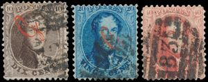 N° G14 (plaat II, positie 85, opdruk rood), N° G15 (plaat I, positie 143), N° G16 (plaat I, positie 95), prachtig, liefhebbers prijs, zm