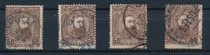 N° 9 (4x) “50c. reddish-brown”, four cancelled items including Leopoldville 1895, Boma 1888, 1893 and the highly sought-after Lukungu, centre de Tri’ and ‘mail concentration’ marks, very fine/fine/to be checked (OBP €176)