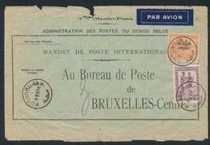 1937 N° 67 “50c. brown-orange,” Vloors, and No. 105 “10fr. lilac,” featuring indigenous scenes on a cover for an international money order sent from Usumbura on February 6, 1937, to Brussels; since the mailing was postage-free, only the airmail rate applies, i.e., “10.50fr.” (charge 3.50fr./5gr.), on the back: transit marks “KIGOMA 8 FE 1937,” “DODOMA 10 FE 1937,” and arrival cancellation “BRUSSELS MANDATS/20.II.1937”; a very rare item, to be checked