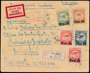 1926 Mooie aangetekende brief van Kiev via Moskou naar Molenbeek Bruxelles met frankering Mi. n° 267/70 vliegtuig met opdruk met extra 