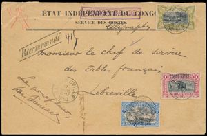 1910 N° 35L ‘50c. olive’ with ‘CONGO BELGE’ typo overprint, locally cancelled with Type 5, and ‘25c. blue’ and ‘1fr. carmine’ with the same overprint typo, registered post sent from Leopoldville on 17 March 1910 to Libreville, tariff and very rare mixed franking, sent by the Léopoldville postmaster, certificate by Luc Vander Marcken, very fine