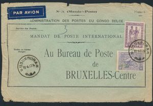1937 N° 96 “50c. purple” and No. 105 “10fr. lilac” from the “Indigenous Scenes” issue on a cover for an international money order sent from Usumbura on April 20, 1937, to Brussels; since the mailing was postage-free, only the airmail fee of “10.50fr.” (charge: 3.50fr./5gr.) On the back: transit marks “Kigoma 21 AP 1937,” “DODOMA 24 AP 1937,” and arrival cancellation “BRUXELLES MANDATS/3V 1997.” A very rare item; fine/to be checked
