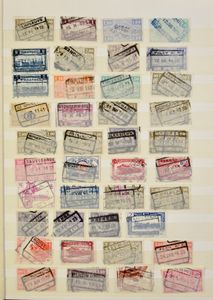 1910/1987 Interessante samenstelling, met 1400 zegels in insteekboek, waarbij betere stempels zoals Etterbeek/Jubelpark, noodstempels Basse-Wavre (1928), Poulseur-Wagons, Heizijde, Galmaarden, Wichelen, enz., zm/m