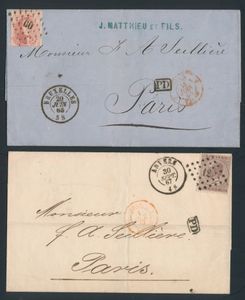 1867 N° 16, op brief met inhoud, vanuit Pt.60-Bruxelles, naar Parijs (Frankrijk) en N° 19, op brief met inhoud, vanuit Pt.12-Anvers, naar Parijs (Frankrijk), zm